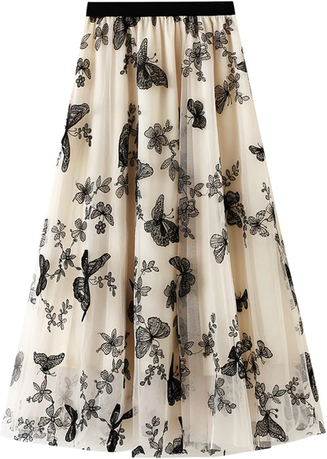 Tulle Skirts for Women High Waist Layered Floral Print Embroidery Mesh A-Line Skirt Party Dress