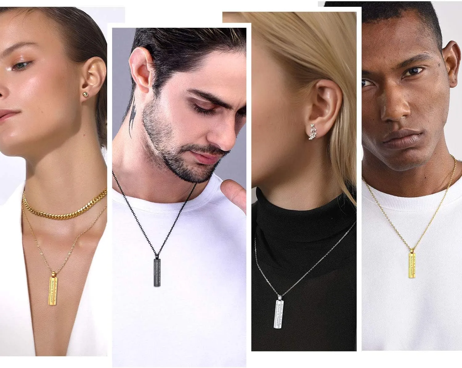 U7 Engravable Bar Necklace, Womens Choker Necklace Stainless Steel Custom Engrave Text Horizontal/Vertical Bar Pendant Necklaces for Men Women
