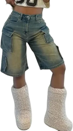 Unybwonn Women Denim Shorts High Waisted Distressed Straight Leg Cargo Shorts Casual Cargo Jean Shorts with Pockets