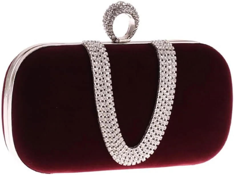 Velvet Fabric Women's Bag with Diamond Finger Dinner Party Bag U-Shaped Velvet Bag