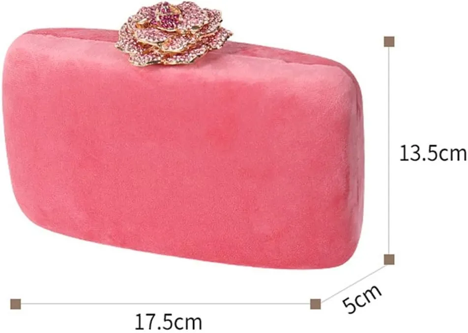 Velvet Metal Evening Bags Flower Diamonds Small Day Clutch Purse with Chain Shoulder Purse Holder(E)