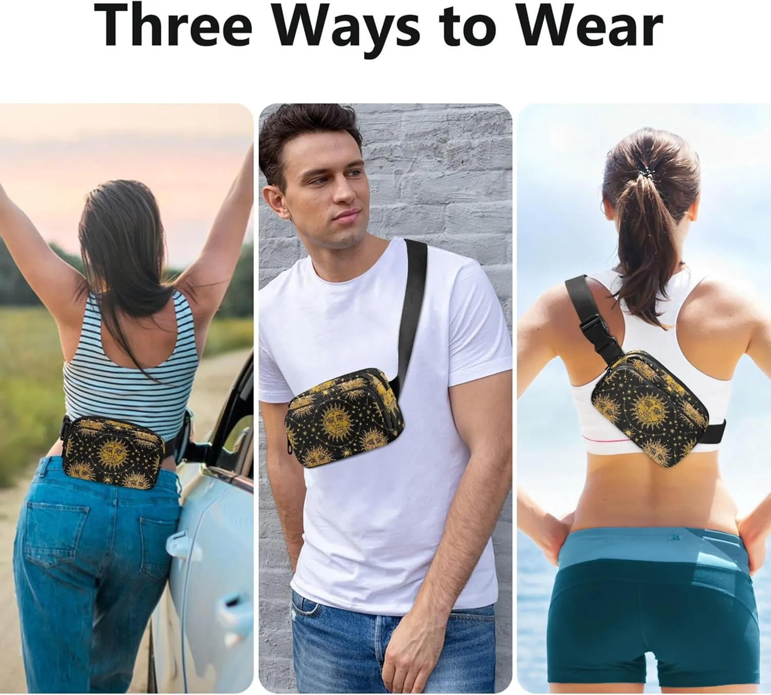 Vintage Sun Heads Stars Black Fanny Packs for Women Waterproof Hip Pack Belt Pouch Trendy Travel Waist Pouch