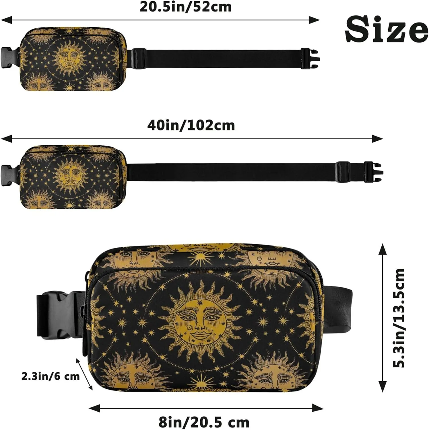 Vintage Sun Heads Stars Black Fanny Packs for Women Waterproof Hip Pack Belt Pouch Trendy Travel Waist Pouch