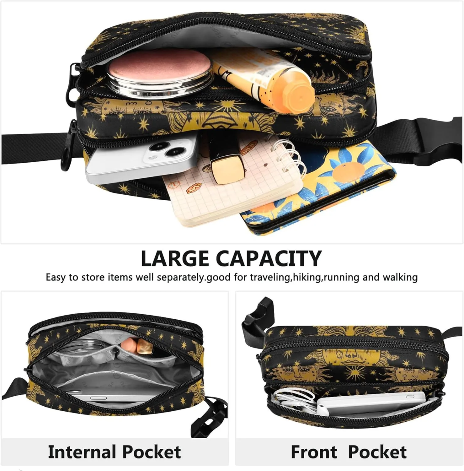 Vintage Sun Heads Stars Black Fanny Packs for Women Waterproof Hip Pack Belt Pouch Trendy Travel Waist Pouch