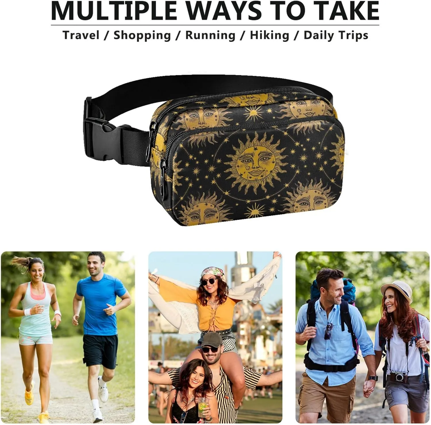 Vintage Sun Heads Stars Black Fanny Packs for Women Waterproof Hip Pack Belt Pouch Trendy Travel Waist Pouch