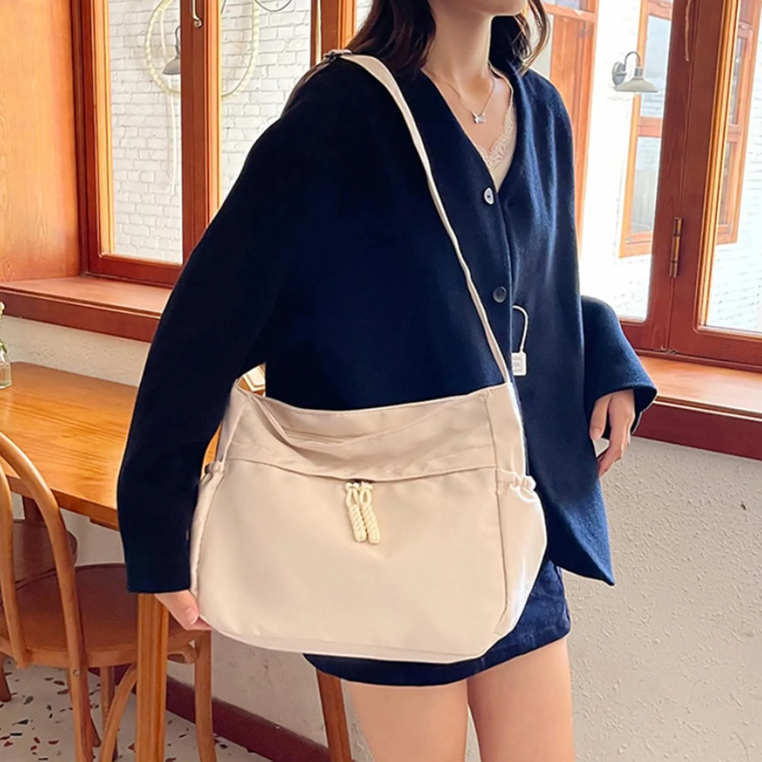 Waterproof Canvas Messenger Bag Women Multiple pockets Crossbody Shoulder Bag Spacious Student Tote with Water bottle Pocket