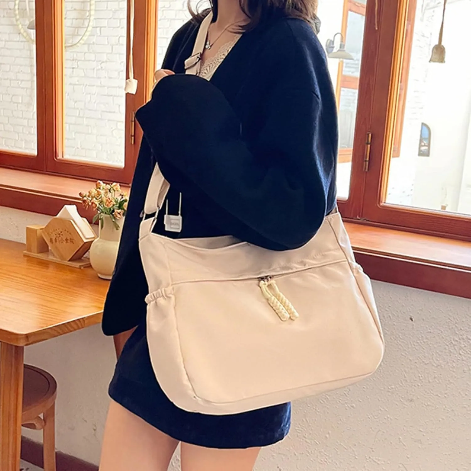 Waterproof Canvas Messenger Bag Women Multiple pockets Crossbody Shoulder Bag Spacious Student Tote with Water bottle Pocket