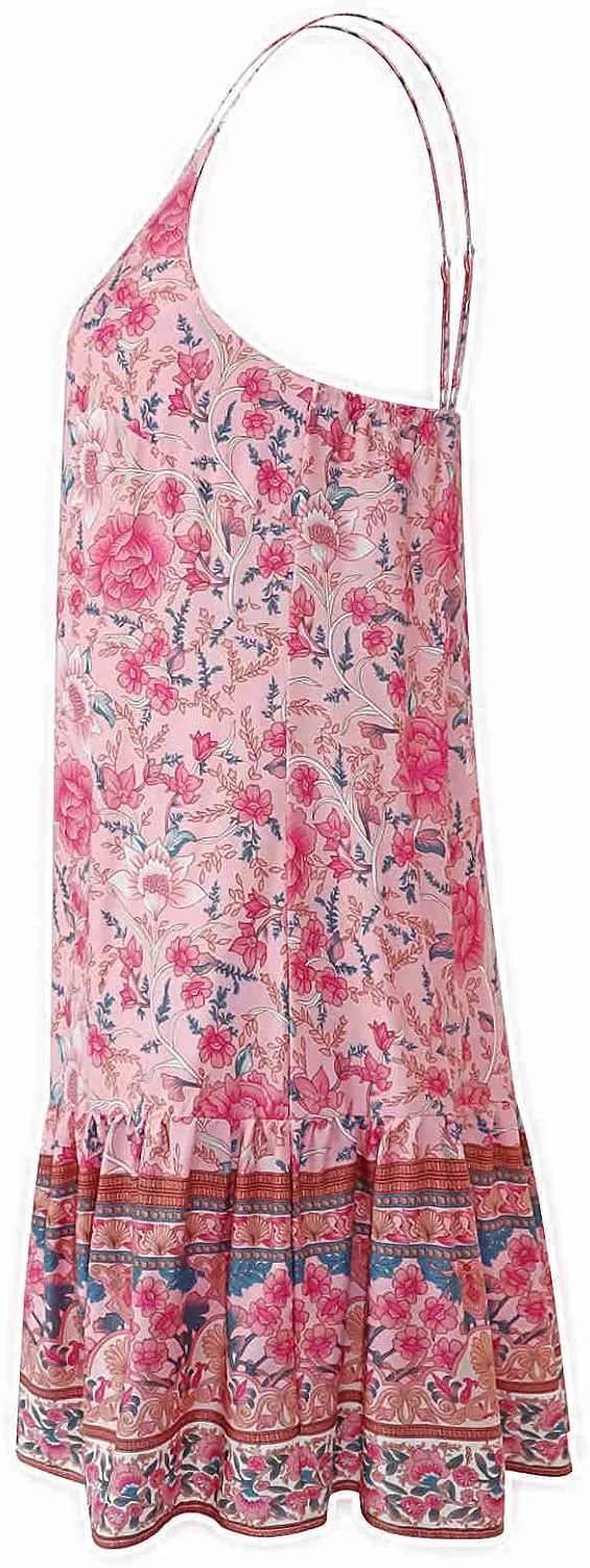 Watoriwa Women's Bohemian Print Dress - V-Neck,Loose Sleeveless, Spaghetti Strap Sundress & Coverup for Summer 2025