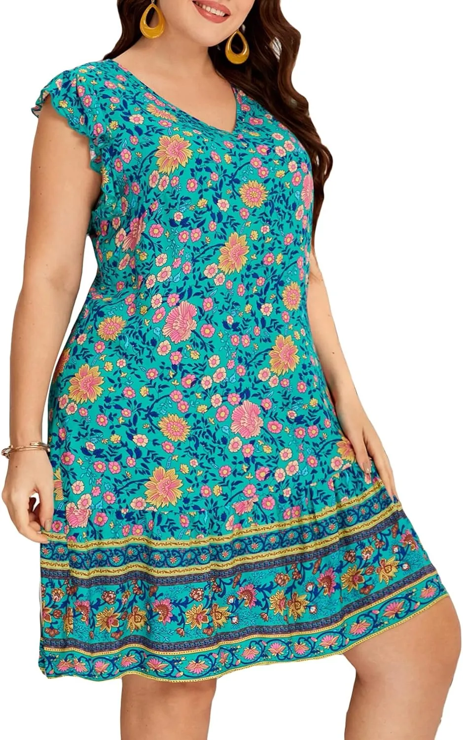 WDIRARA Women's Plus Size Floral Print Cap Sleeve V Neck Ruffle Hem A Line Dress