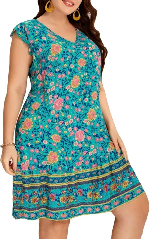WDIRARA Women's Plus Size Floral Print Cap Sleeve V Neck Ruffle Hem A Line Dress