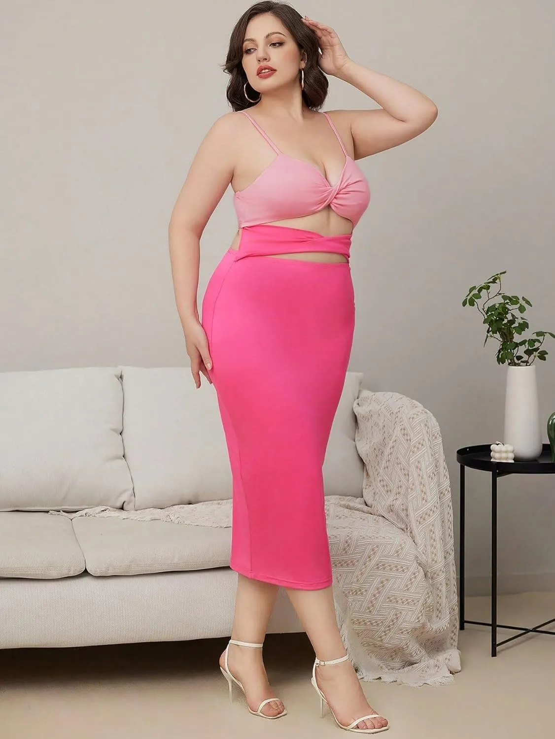 WDIRARA Women's Plus Size Twist Front Cut Out Spaghetti Strap Sleeveless Party Midi Dress