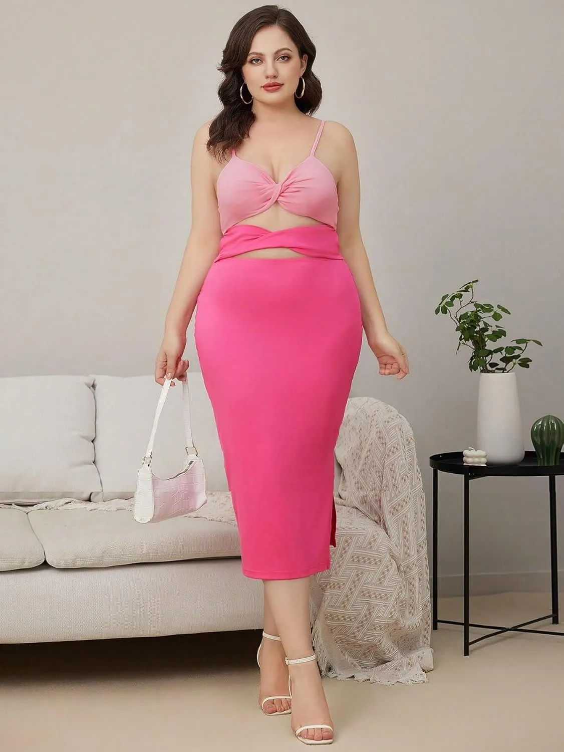 WDIRARA Women's Plus Size Twist Front Cut Out Spaghetti Strap Sleeveless Party Midi Dress