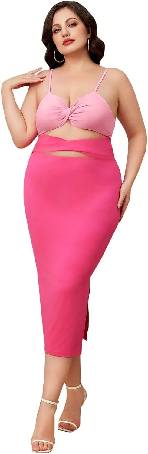 WDIRARA Women's Plus Size Twist Front Cut Out Spaghetti Strap Sleeveless Party Midi Dress