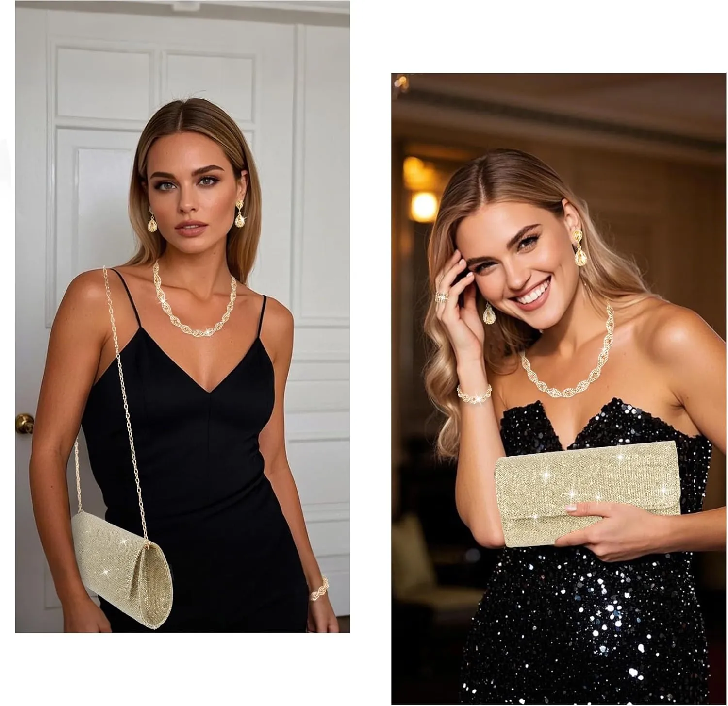 Wecoe 5pcs/set Jewelry Purse Set For Women Clutch Handbags Rhinestone Diamond Earrings Necklaces Bracelets Ring Set Wedding Bridal Homecoming Prom Costume Jewelry Formal Evening Bag Accessories