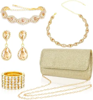Wecoe 5pcs/set Jewelry Purse Set For Women Clutch Handbags Rhinestone Diamond Earrings Necklaces Bracelets Ring Set Wedding Bridal Homecoming Prom Costume Jewelry Formal Evening Bag Accessories