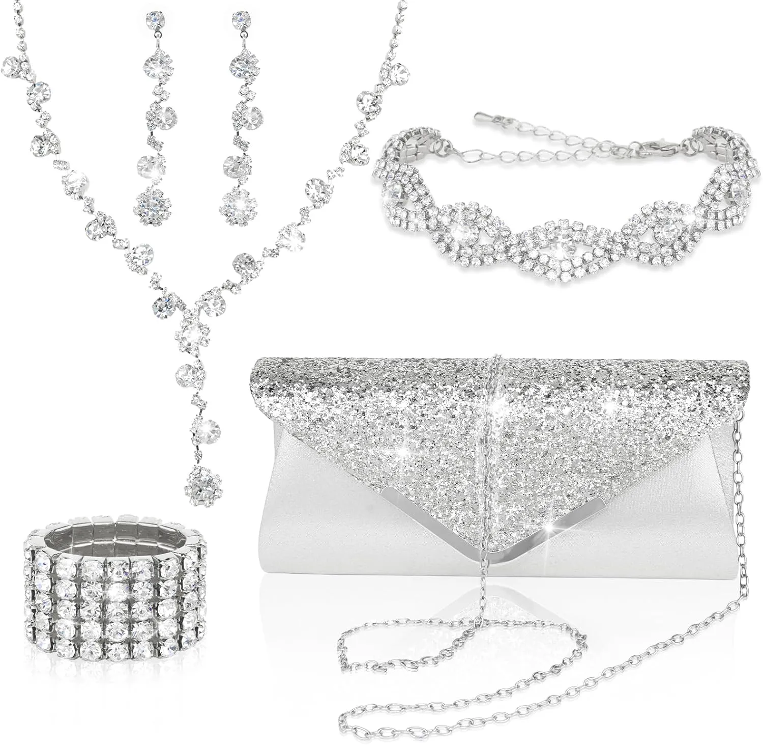 Wecoe 5pcs/set Jewelry Purse Set For Women Clutch Handbags Rhinestone Diamond Necklaces Bracelets Earrings Ring Set Wedding Bridal Prom Homecoming Costume Jewelry Formal Evening Bag Accessories
