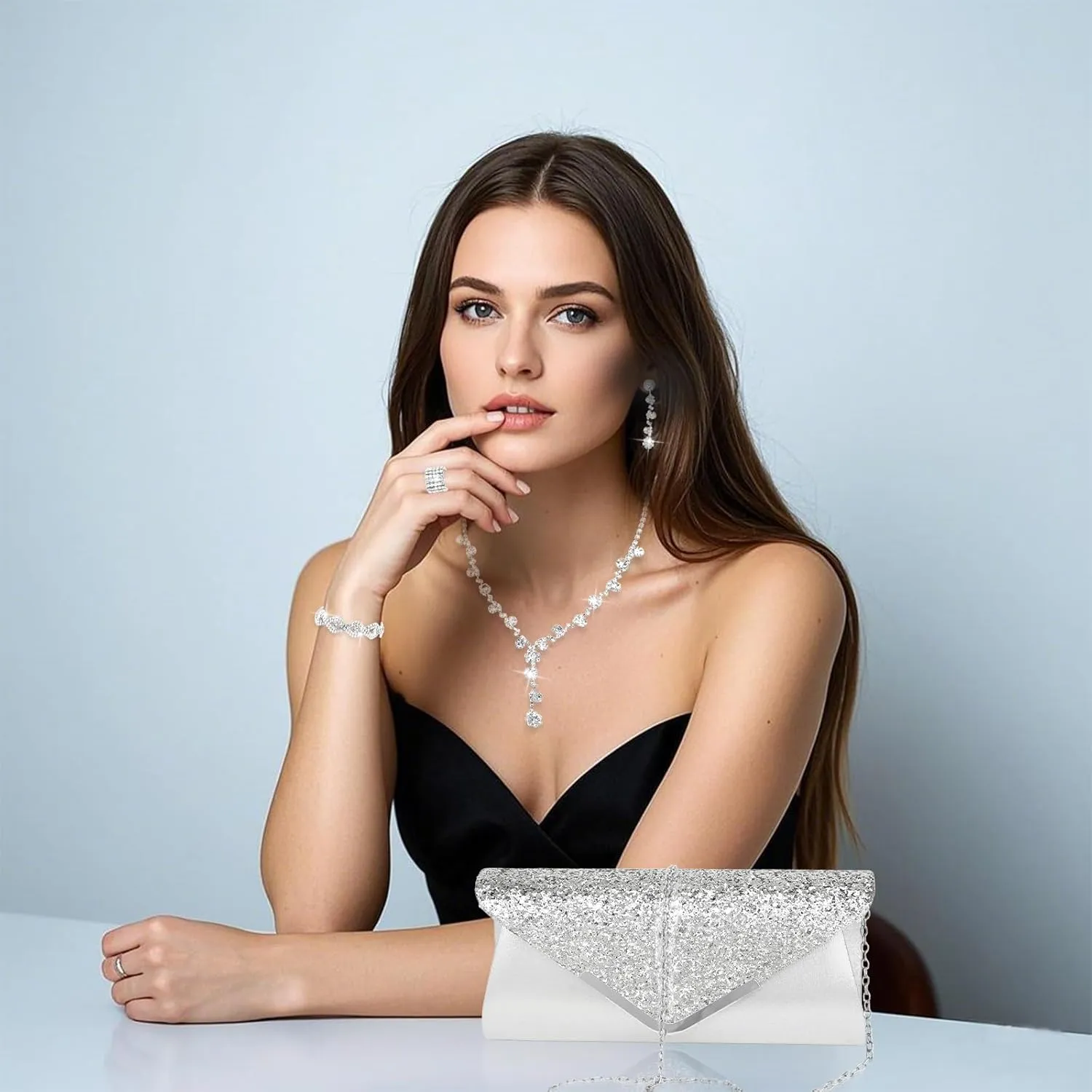 Wecoe 5pcs/set Jewelry Purse Set For Women Clutch Handbags Rhinestone Diamond Necklaces Bracelets Earrings Ring Set Wedding Bridal Prom Homecoming Costume Jewelry Formal Evening Bag Accessories