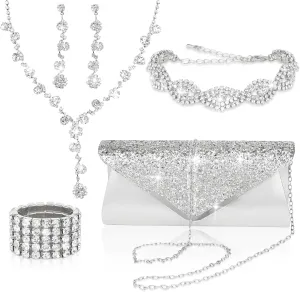 Wecoe 5pcs/set Jewelry Purse Set For Women Clutch Handbags Rhinestone Diamond Necklaces Bracelets Earrings Ring Set Wedding Bridal Prom Homecoming Costume Jewelry Formal Evening Bag Accessories
