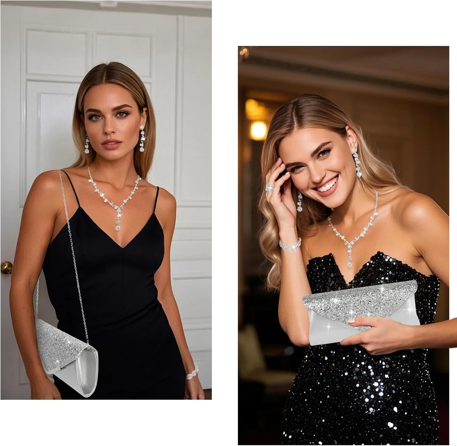 Wecoe 5pcs/set Jewelry Purse Set For Women Clutch Handbags Rhinestone Diamond Necklaces Bracelets Earrings Ring Set Wedding Bridal Prom Homecoming Costume Jewelry Formal Evening Bag Accessories