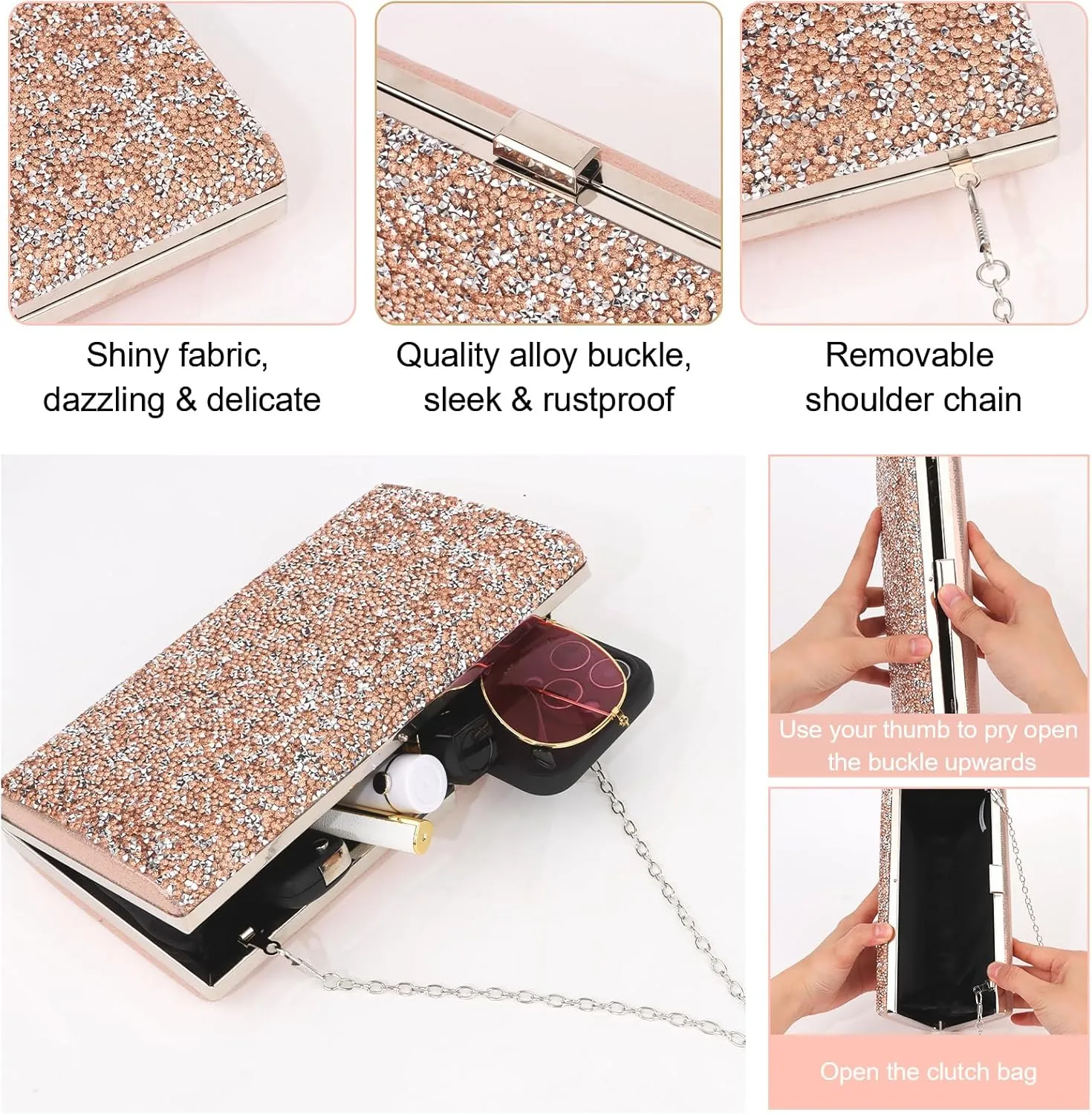 Wecoe 5pcs/set Jewelry Purse Set For Women Handbags Clutch Rhinestone Diamond Necklaces Bracelets Earrings Ring Set Wedding Bridal Prom Homecoming Costume Jewelry Formal Evening Bag Accessories