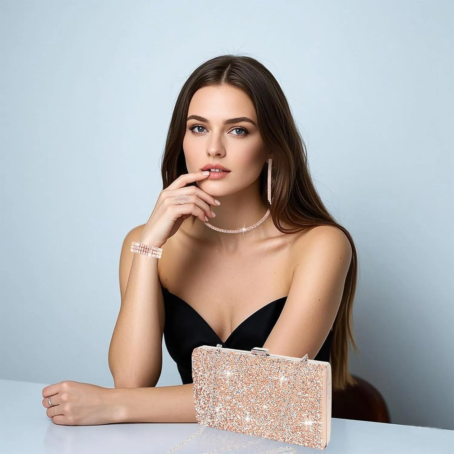 Wecoe 5pcs/set Jewelry Purse Set For Women Handbags Clutch Rhinestone Diamond Necklaces Bracelets Earrings Ring Set Wedding Bridal Prom Homecoming Costume Jewelry Formal Evening Bag Accessories