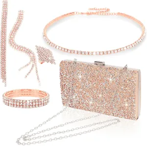 Wecoe 5pcs/set Jewelry Purse Set For Women Handbags Clutch Rhinestone Diamond Necklaces Bracelets Earrings Ring Set Wedding Bridal Prom Homecoming Costume Jewelry Formal Evening Bag Accessories