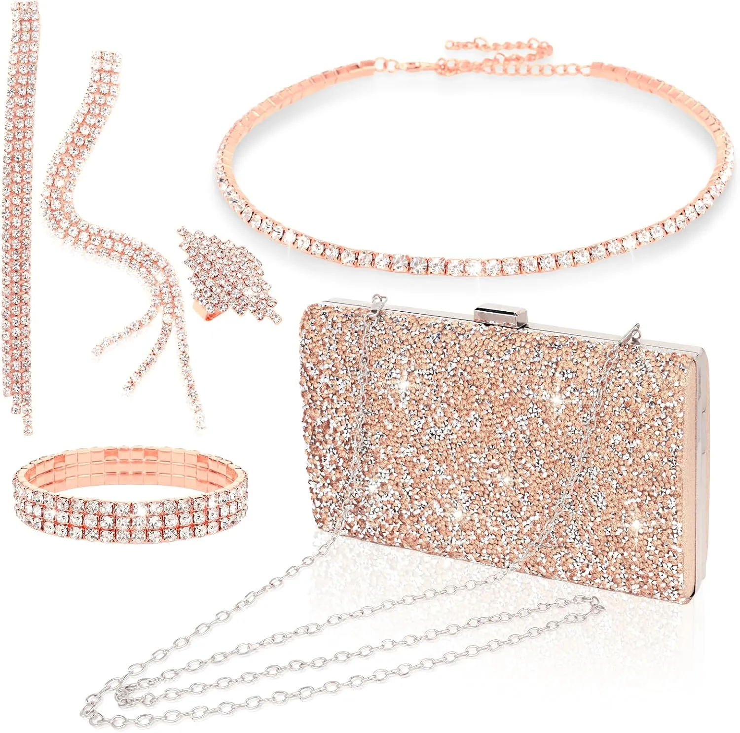 Wecoe 5pcs/set Jewelry Purse Set For Women Handbags Clutch Rhinestone Diamond Necklaces Bracelets Earrings Ring Set Wedding Bridal Prom Homecoming Costume Jewelry Formal Evening Bag Accessories