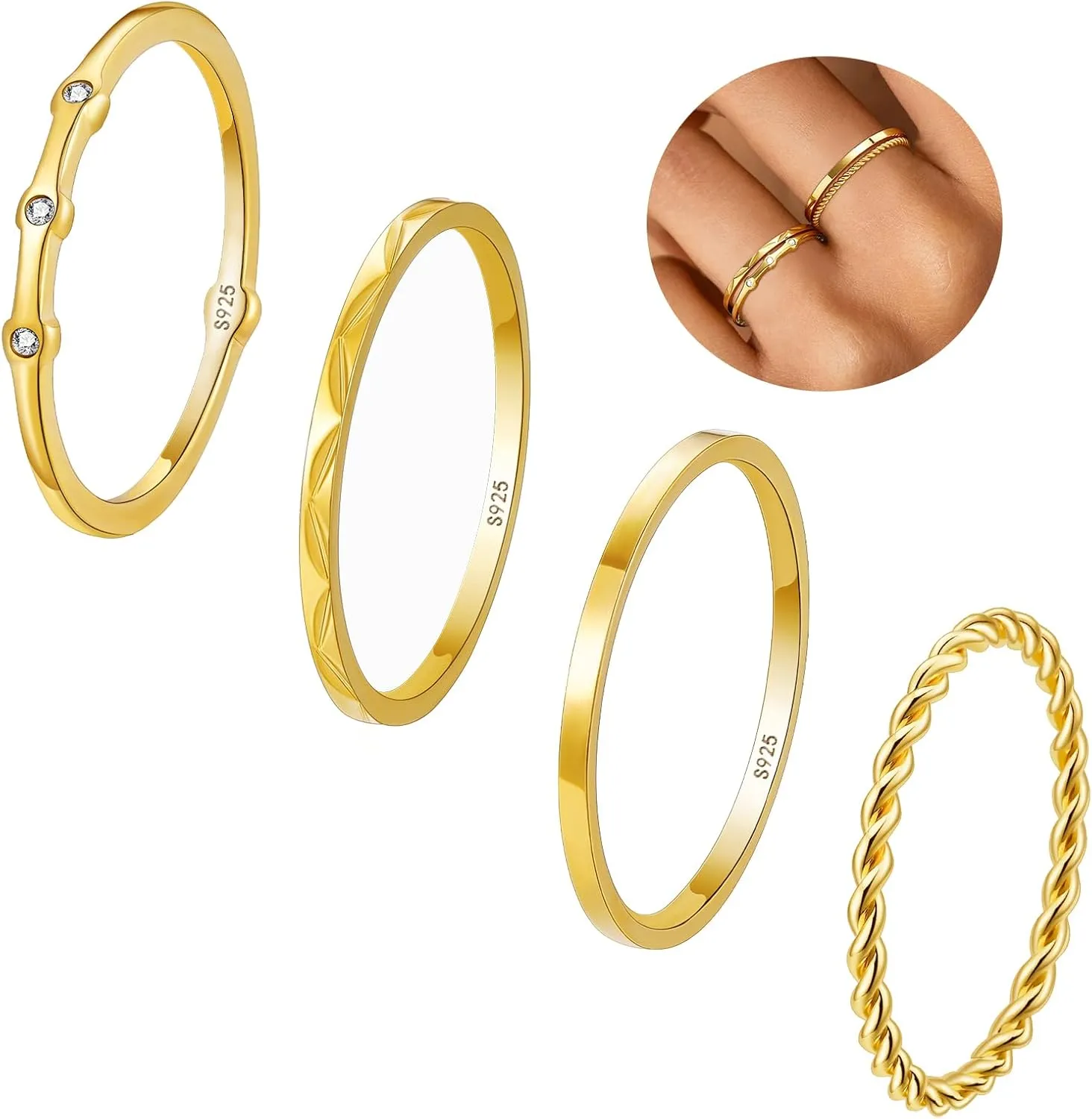 WEDDINEN S925 Sterling Silver Gold Rings for Women Non Tarnish, 4PC Stackable 18K Gold Plated Thin Thumb Ring Set Cubic Zirconia Dainty Stack Gold Knuckle Rings Set Size 6-10