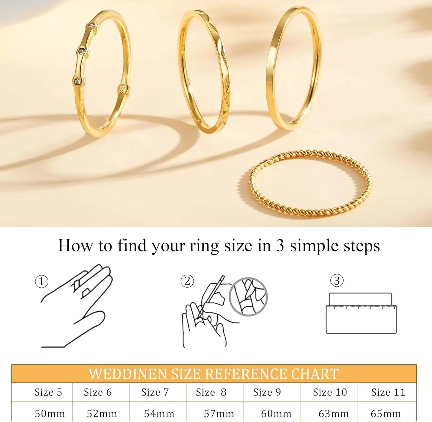 WEDDINEN S925 Sterling Silver Gold Rings for Women Non Tarnish, 4PC Stackable 18K Gold Plated Thin Thumb Ring Set Cubic Zirconia Dainty Stack Gold Knuckle Rings Set Size 6-10