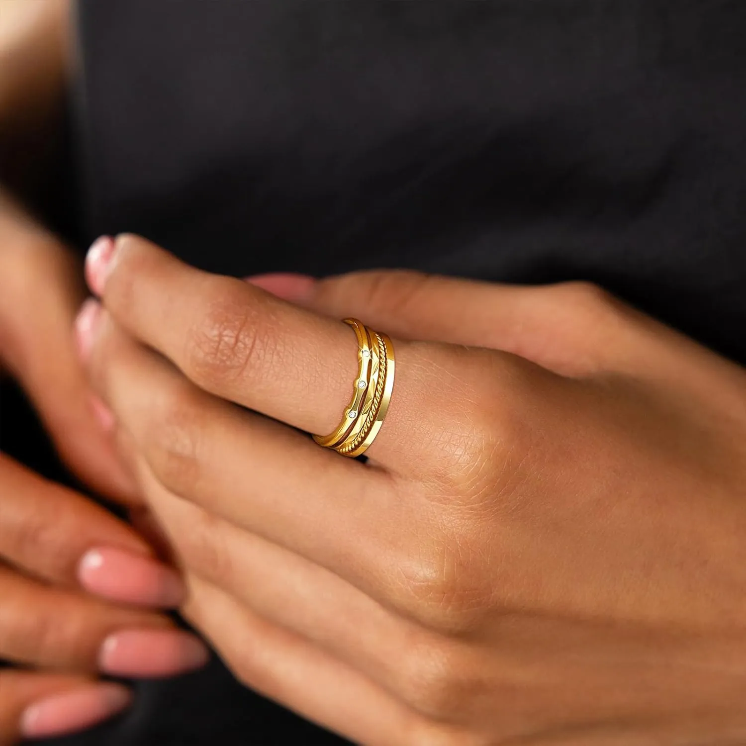 WEDDINEN S925 Sterling Silver Gold Rings for Women Non Tarnish, 4PC Stackable 18K Gold Plated Thin Thumb Ring Set Cubic Zirconia Dainty Stack Gold Knuckle Rings Set Size 6-10
