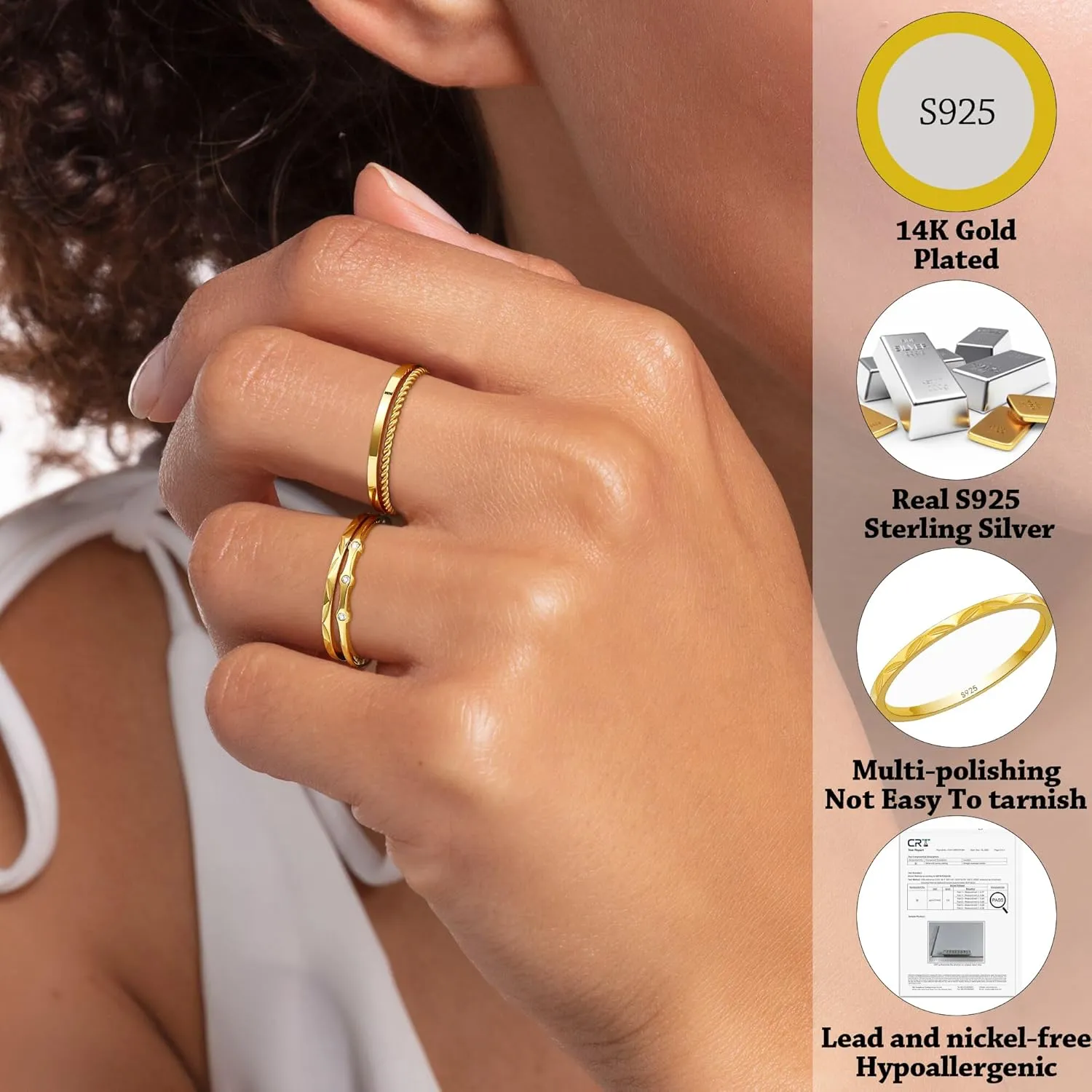 WEDDINEN S925 Sterling Silver Gold Rings for Women Non Tarnish, 4PC Stackable 18K Gold Plated Thin Thumb Ring Set Cubic Zirconia Dainty Stack Gold Knuckle Rings Set Size 6-10