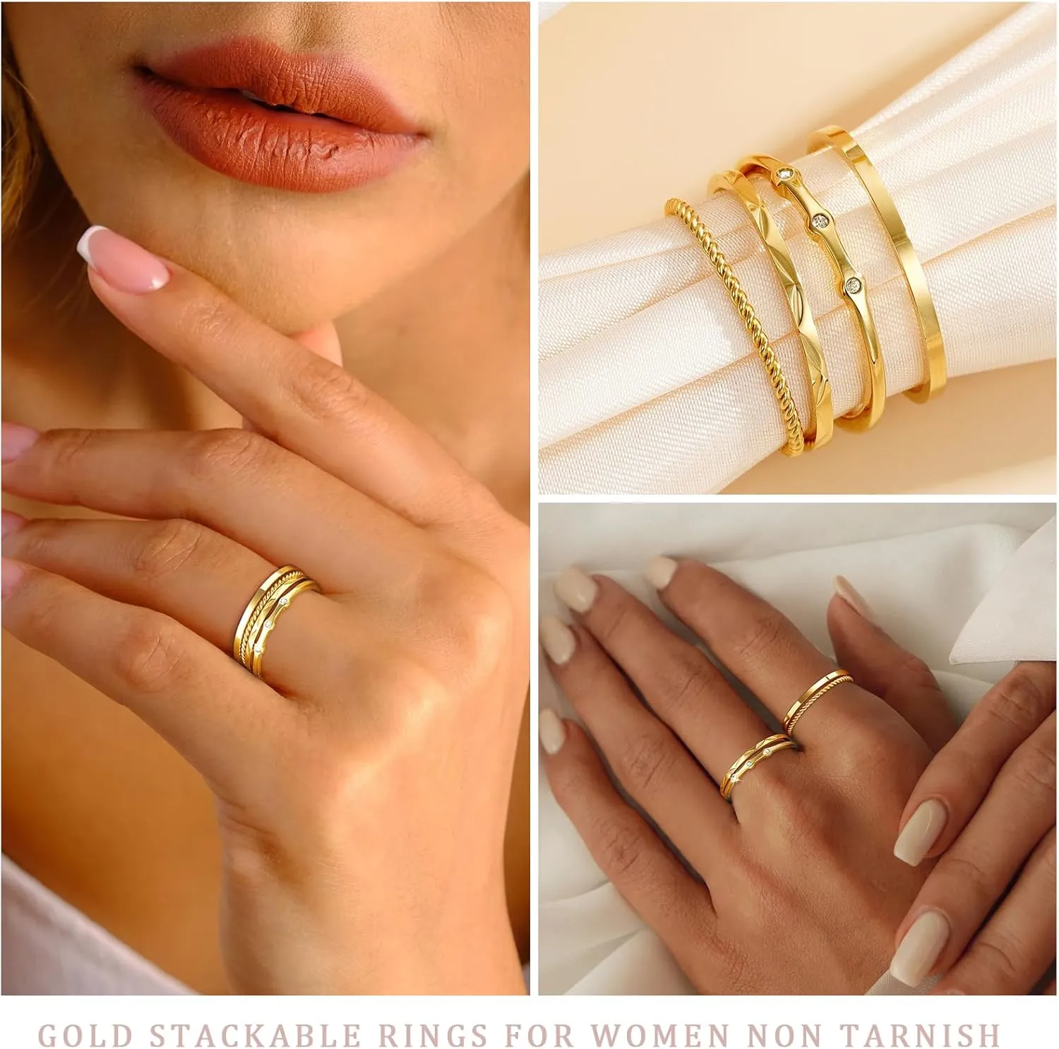 WEDDINEN S925 Sterling Silver Gold Rings for Women Non Tarnish, 4PC Stackable 18K Gold Plated Thin Thumb Ring Set Cubic Zirconia Dainty Stack Gold Knuckle Rings Set Size 6-10