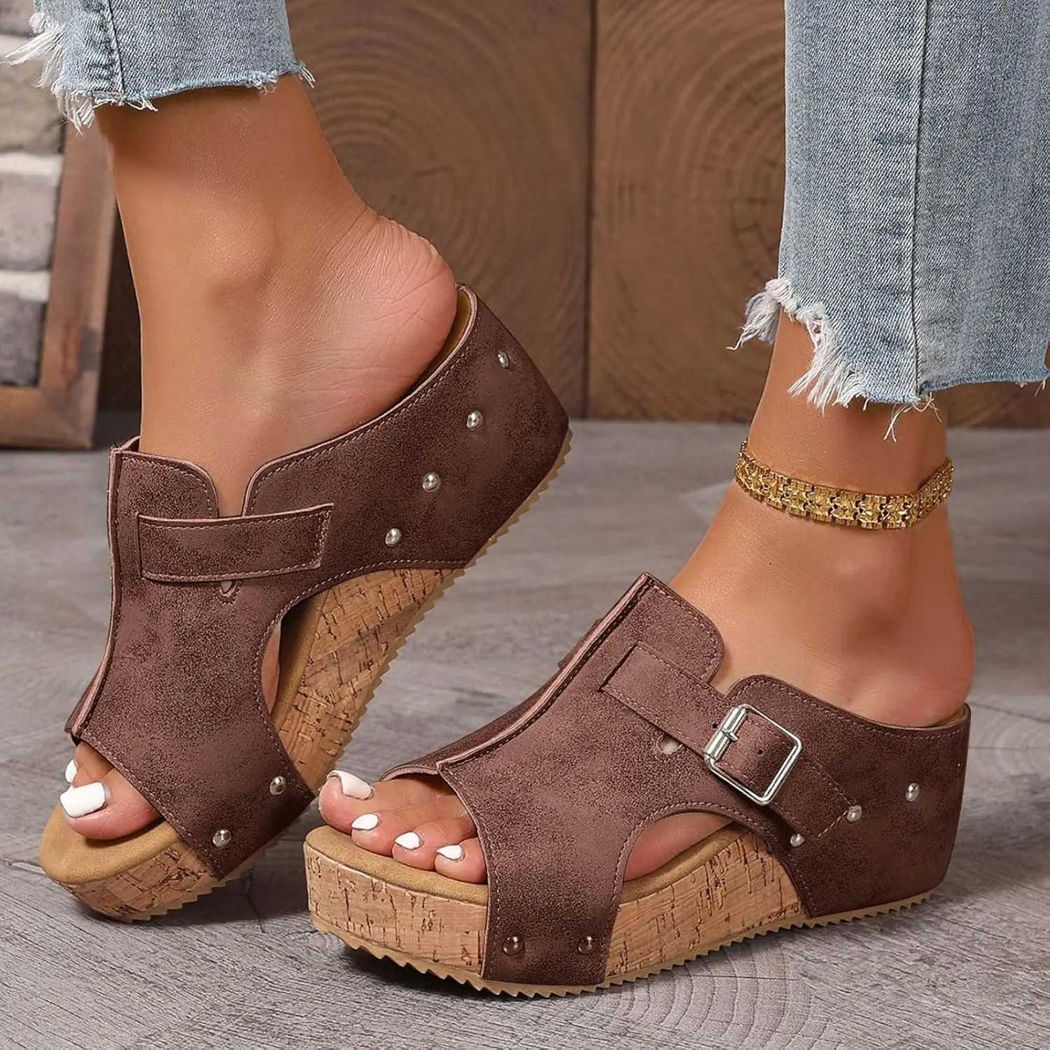 Wedges & Platform Slides,Womens Comfy Wedge Orthopedic Sandals Summer Cork Women's Ladies Comfortable Strappy Casual Shoes Non Slip-on Open Toe Thick Sole Leather Sandal for Daily Wear