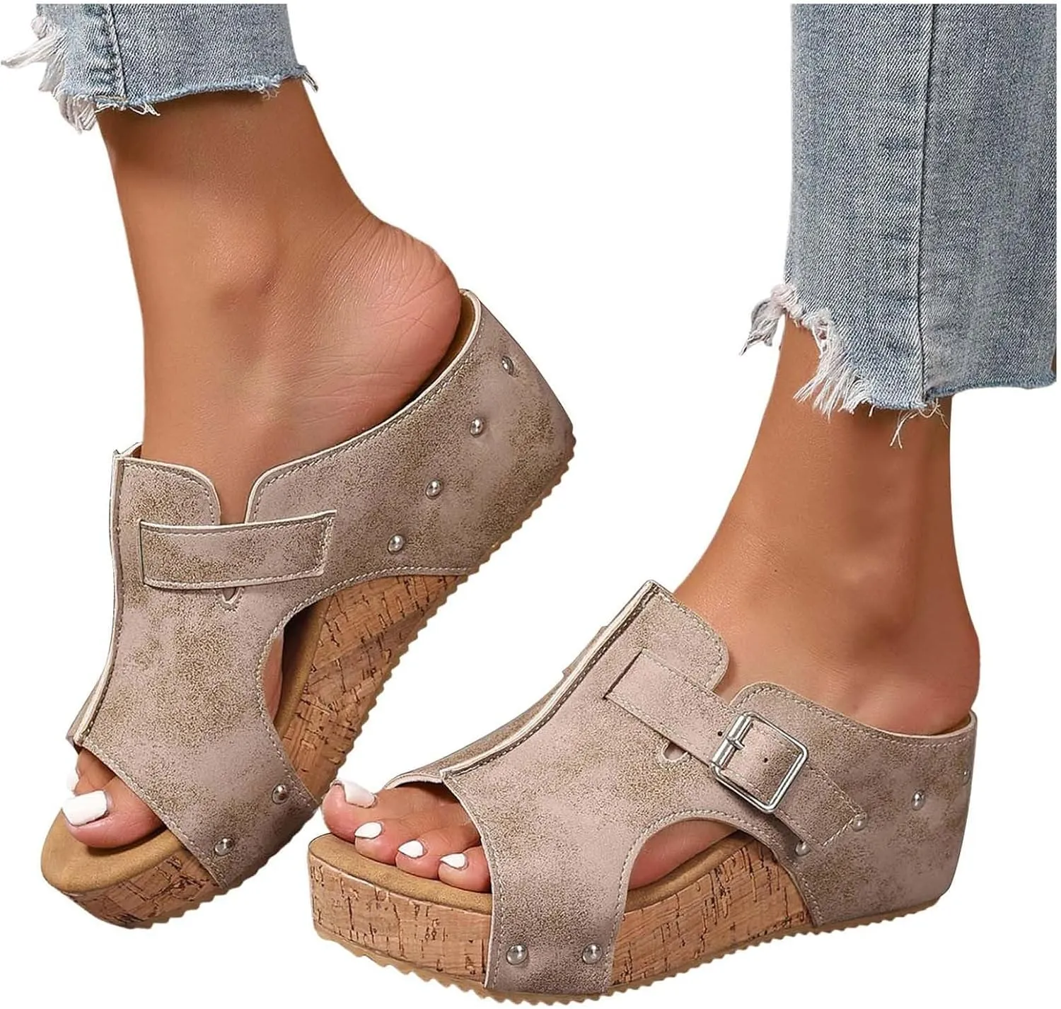 Wedges & Platform Slides,Womens Comfy Wedge Orthopedic Sandals Summer Cork Women's Ladies Comfortable Strappy Casual Shoes Non Slip-on Open Toe Thick Sole Leather Sandal for Daily Wear