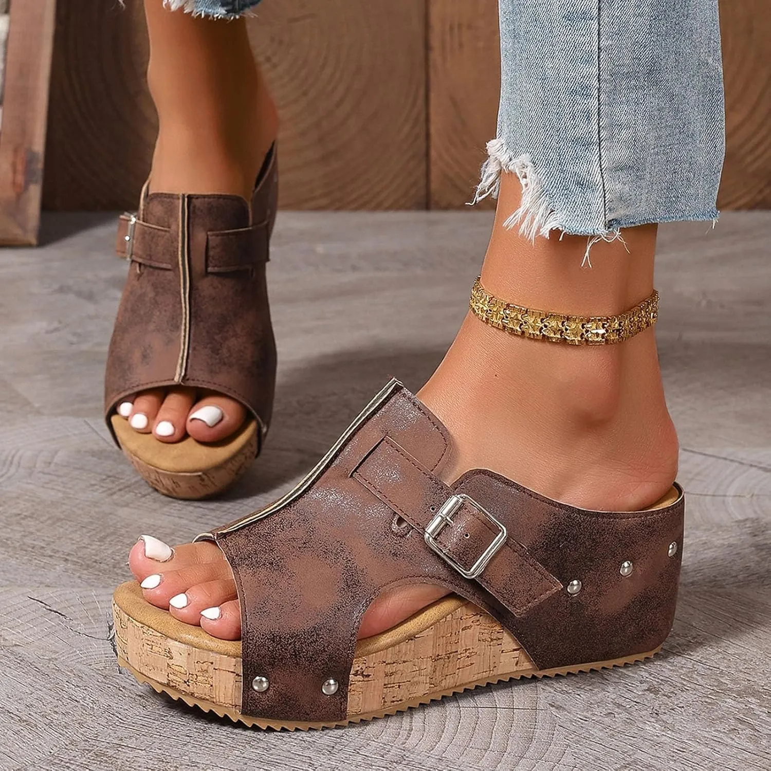 Wedges & Platform Slides,Womens Comfy Wedge Orthopedic Sandals Summer Cork Women's Ladies Comfortable Strappy Casual Shoes Non Slip-on Open Toe Thick Sole Leather Sandal for Daily Wear
