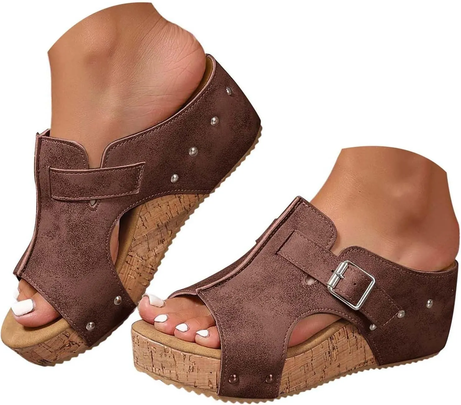 Wedges & Platform Slides,Womens Comfy Wedge Orthopedic Sandals Summer Cork Women's Ladies Comfortable Strappy Casual Shoes Non Slip-on Open Toe Thick Sole Leather Sandal for Daily Wear