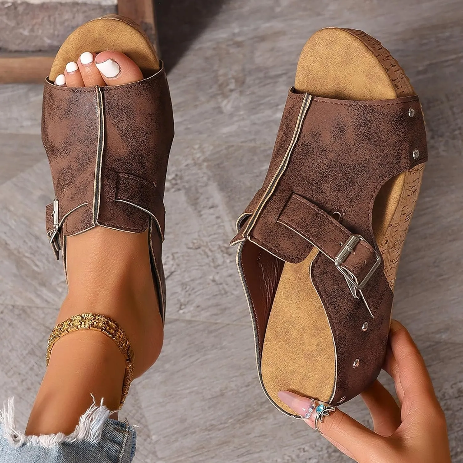 Wedges & Platform Slides,Womens Comfy Wedge Orthopedic Sandals Summer Cork Women's Ladies Comfortable Strappy Casual Shoes Non Slip-on Open Toe Thick Sole Leather Sandal for Daily Wear