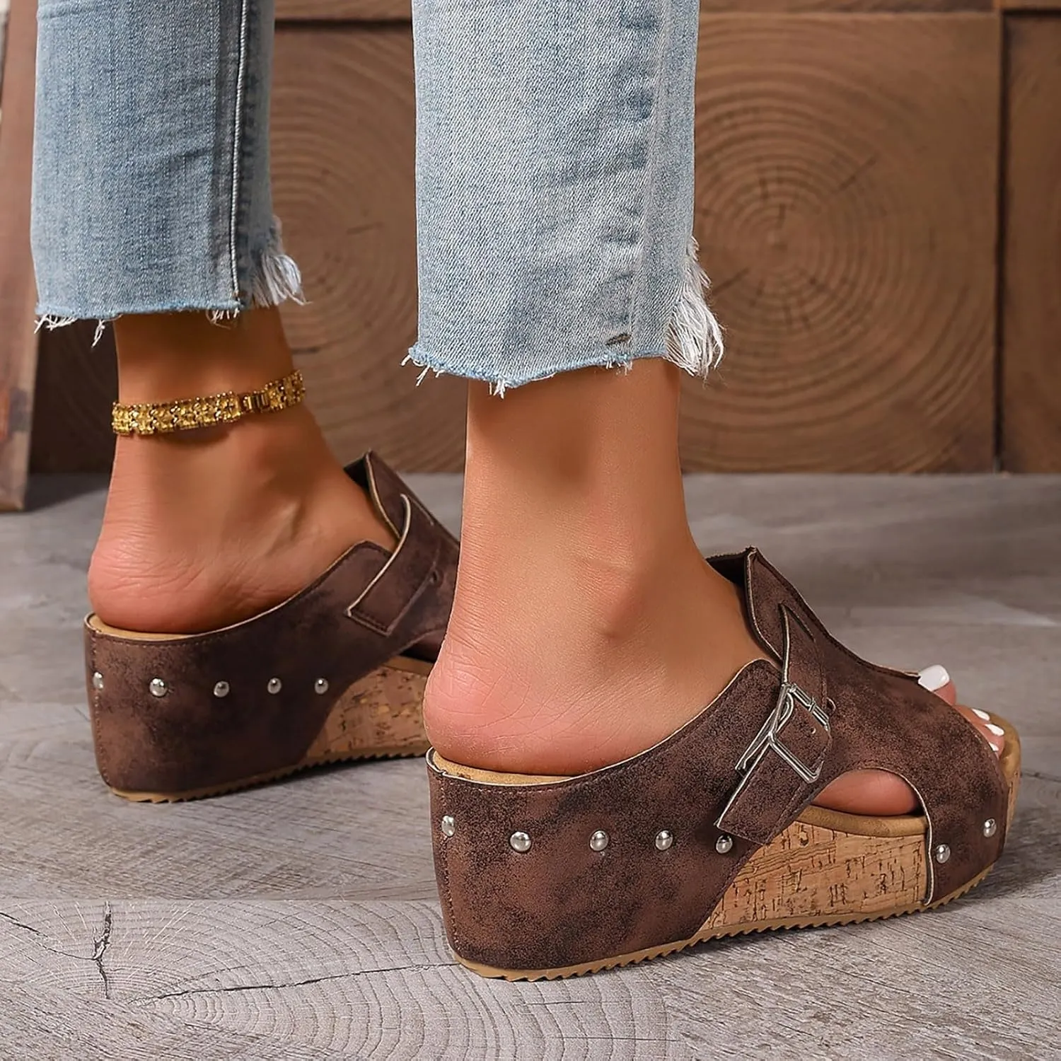 Wedges & Platform Slides,Womens Comfy Wedge Orthopedic Sandals Summer Cork Women's Ladies Comfortable Strappy Casual Shoes Non Slip-on Open Toe Thick Sole Leather Sandal for Daily Wear