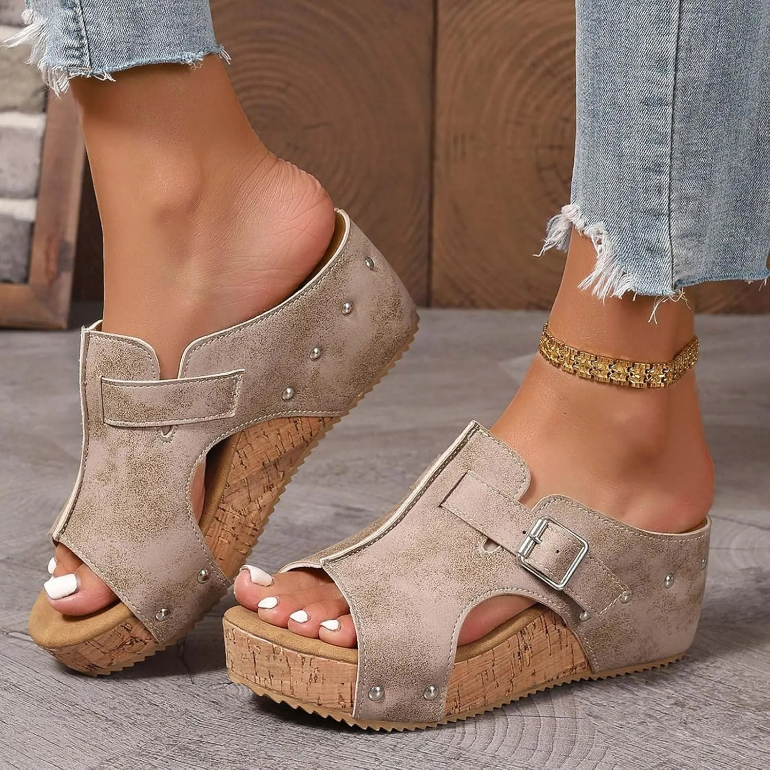 Wedges & Platform Slides,Womens Comfy Wedge Orthopedic Sandals Summer Cork Women's Ladies Comfortable Strappy Casual Shoes Non Slip-on Open Toe Thick Sole Leather Sandal for Daily Wear