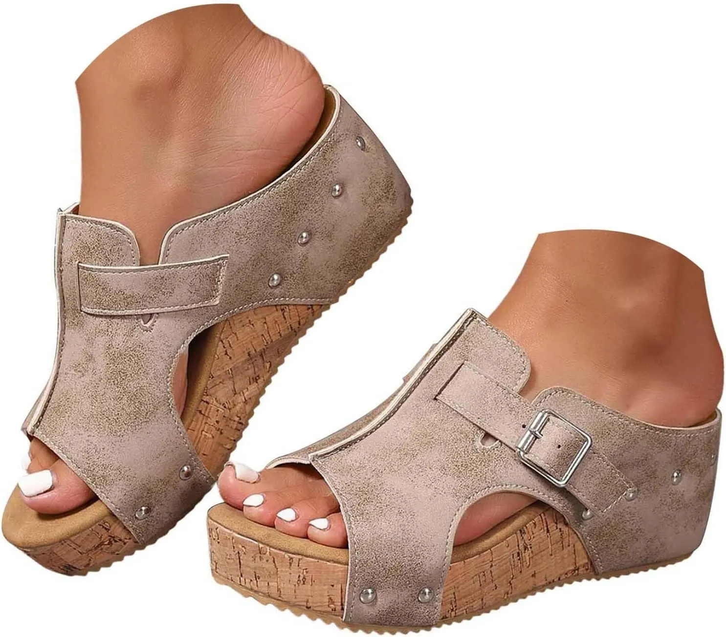 Wedges & Platform Slides,Womens Comfy Wedge Orthopedic Sandals Summer Cork Women's Ladies Comfortable Strappy Casual Shoes Non Slip-on Open Toe Thick Sole Leather Sandal for Daily Wear