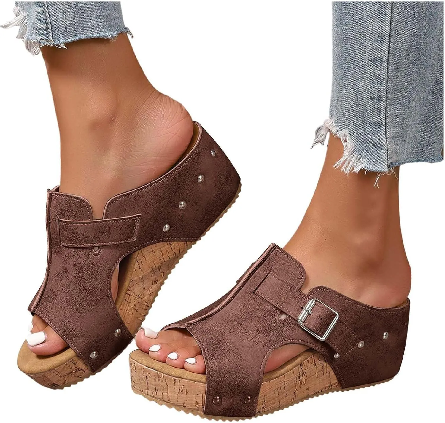 Wedges & Platform Slides,Womens Comfy Wedge Orthopedic Sandals Summer Cork Women's Ladies Comfortable Strappy Casual Shoes Non Slip-on Open Toe Thick Sole Leather Sandal for Daily Wear