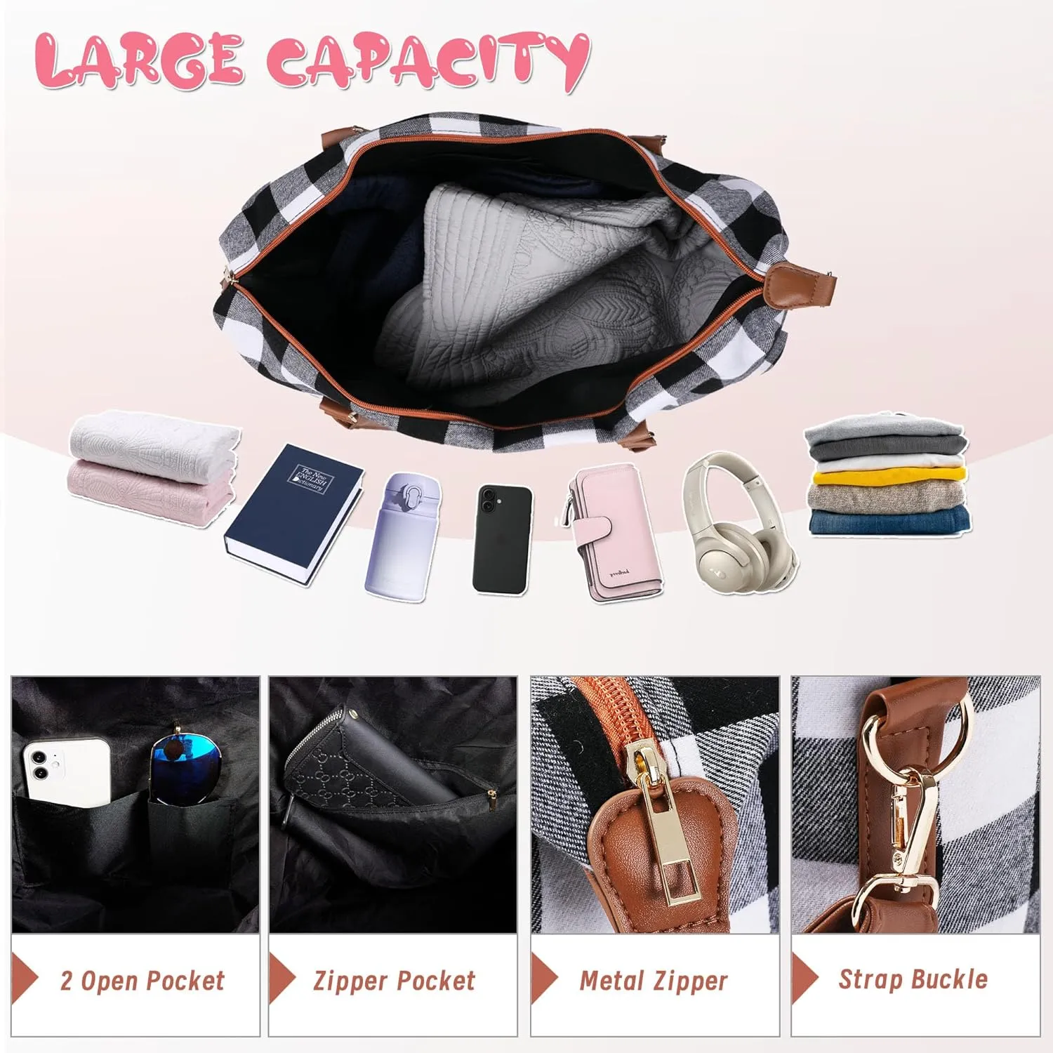 White Buffalo Plaid Duffel Bag, Stylish Weekender Bags for Travel, Checkered Pattern Overnight Bag With Shoulder Strap,Large Lightweight Hospital Bag Foldable Western Gifts for Women
