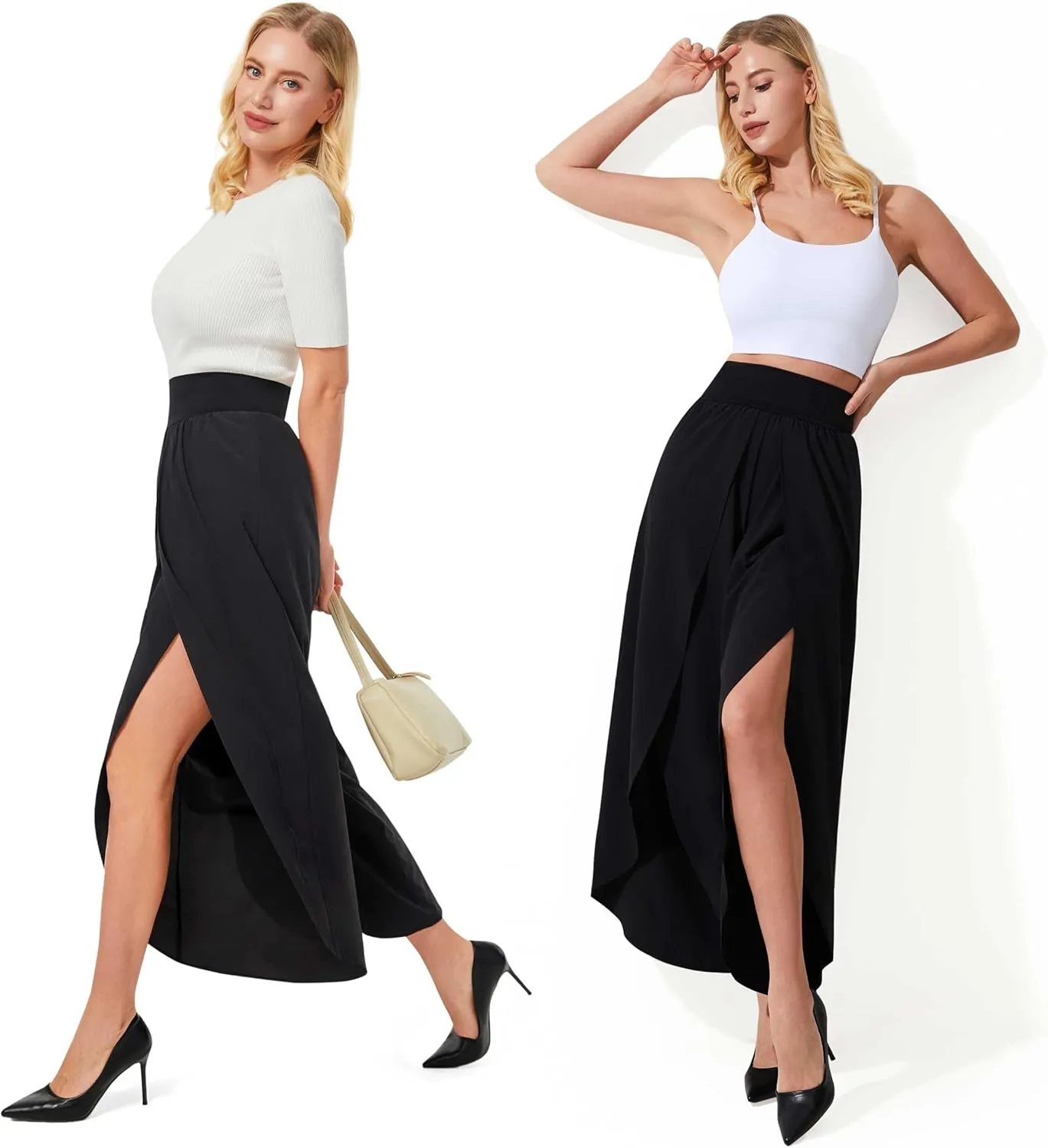 Wide Leg Pants for Women Split Flowy Palazzo High Waisted Summer Beach Casual Crop with Pocket