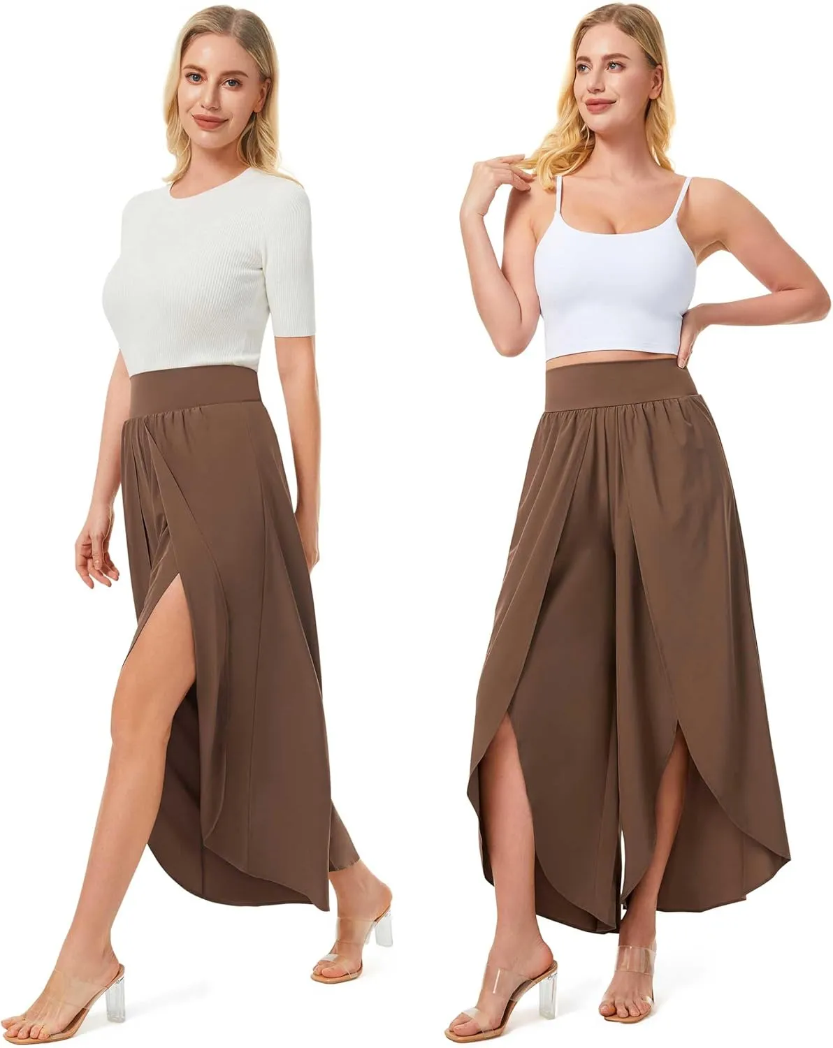 Wide Leg Pants for Women Split Flowy Palazzo High Waisted Summer Beach Casual Crop with Pocket