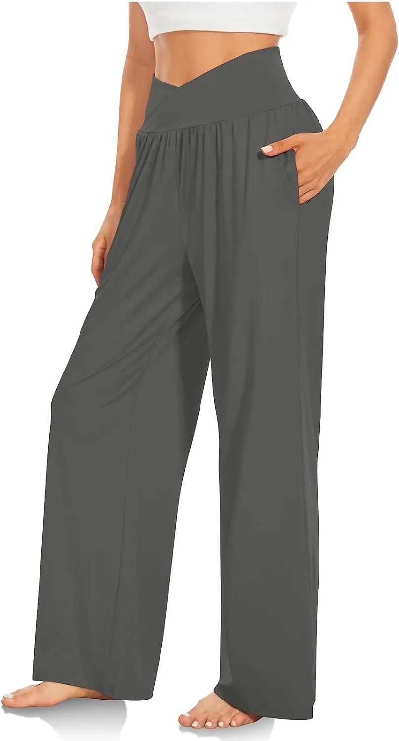 Wide Leg Yoga Pants for Women Tummy Control V Waist Yoga Pants Casual Flowy Palazzo Pants with Pockets Pajama Pants