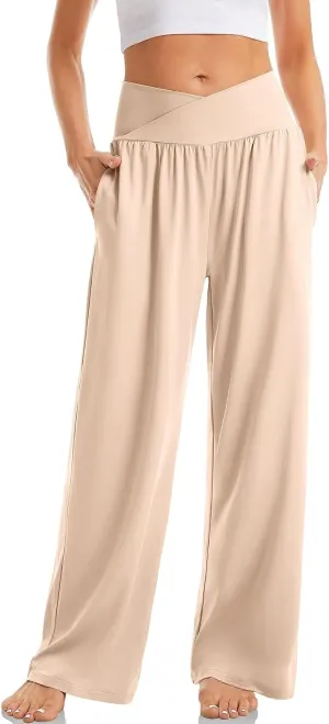 Wide Leg Yoga Pants for Women Tummy Control V Waist Yoga Pants Casual Flowy Palazzo Pants with Pockets Pajama Pants