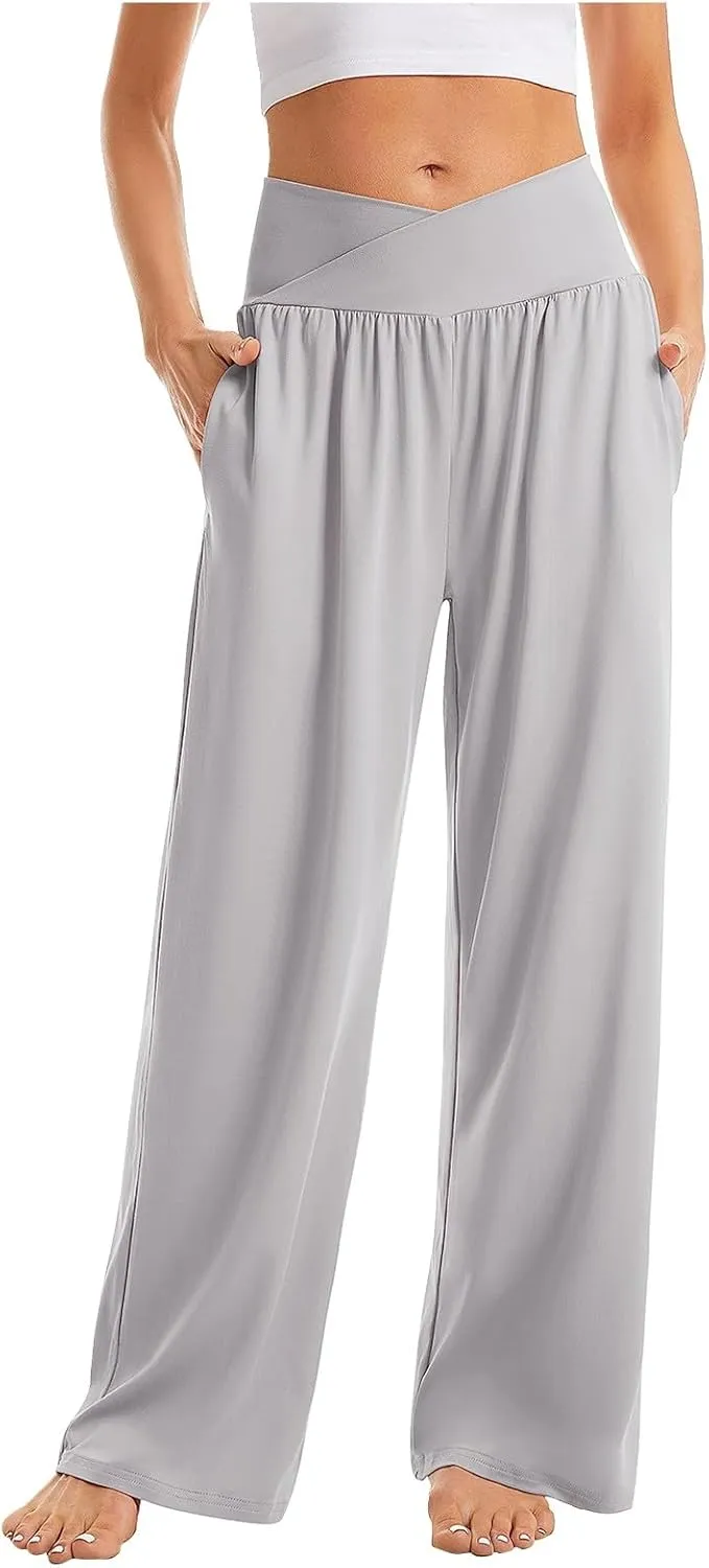 Wide Leg Yoga Pants for Women Tummy Control V Waist Yoga Pants Casual Flowy Palazzo Pants with Pockets Pajama Pants