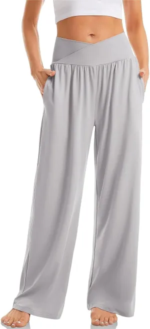 Wide Leg Yoga Pants for Women Tummy Control V Waist Yoga Pants Casual Flowy Palazzo Pants with Pockets Pajama Pants