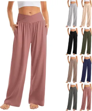 Wide Leg Yoga Pants for Women Tummy Control V Waist Yoga Pants Casual Flowy Palazzo Pants with Pockets Pajama Pants