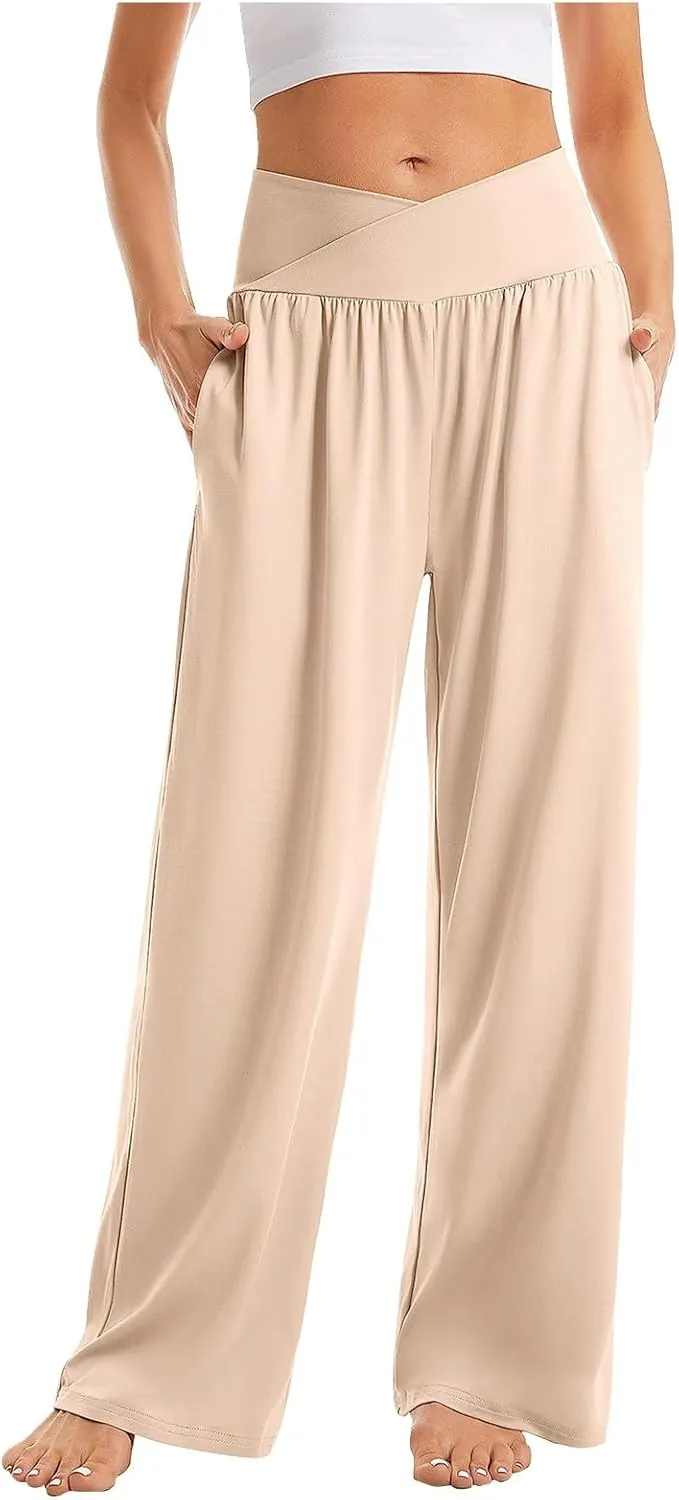 Wide Leg Yoga Pants for Women Tummy Control V Waist Yoga Pants Casual Flowy Palazzo Pants with Pockets Pajama Pants